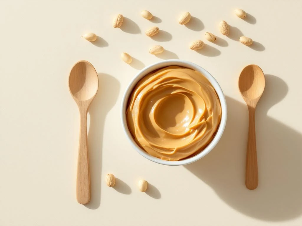 Bowl of golden peanut butter surrounded by whole peanuts and wooden spoon on cream background from above