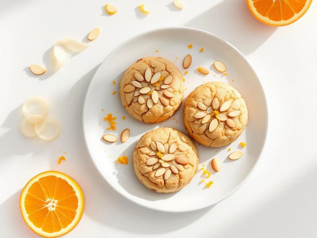 Three golden-brown almond breakfast cookies on white plate with orange zest, sliced almonds, and orange slice garnish