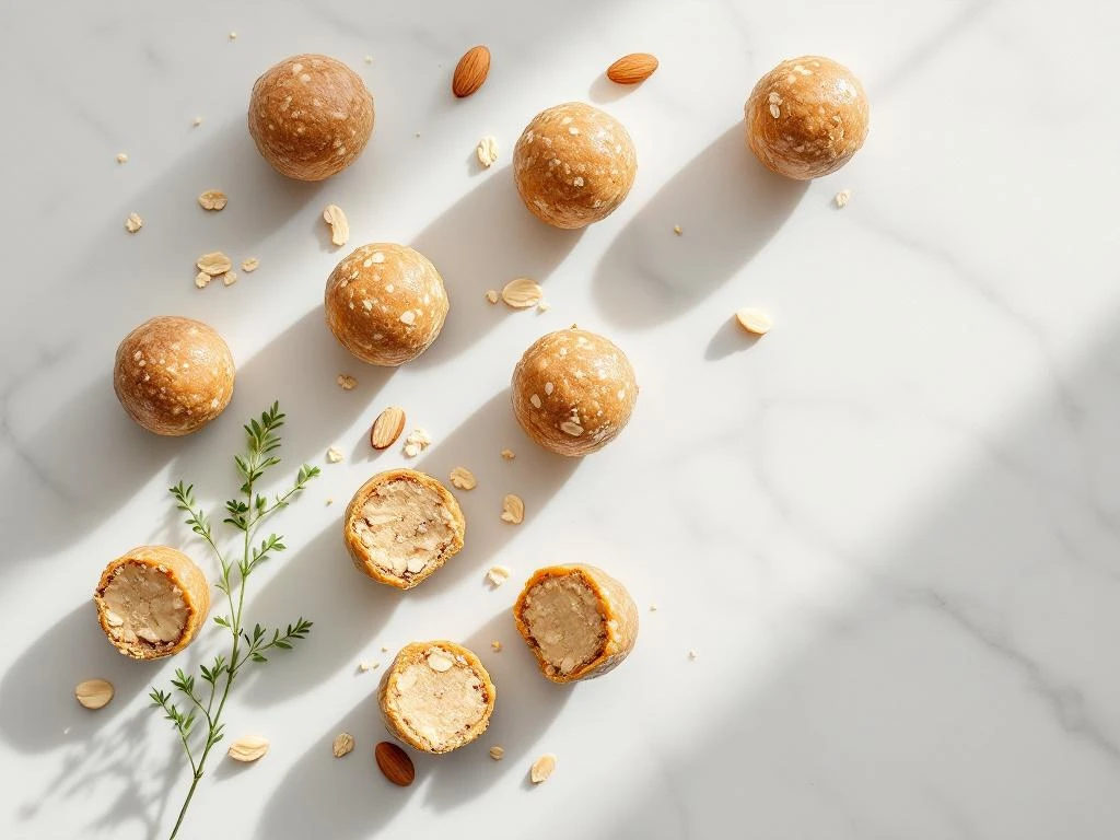 Almond butter energy balls arranged on white marble with one broken open, showing creamy interior and scattered almonds