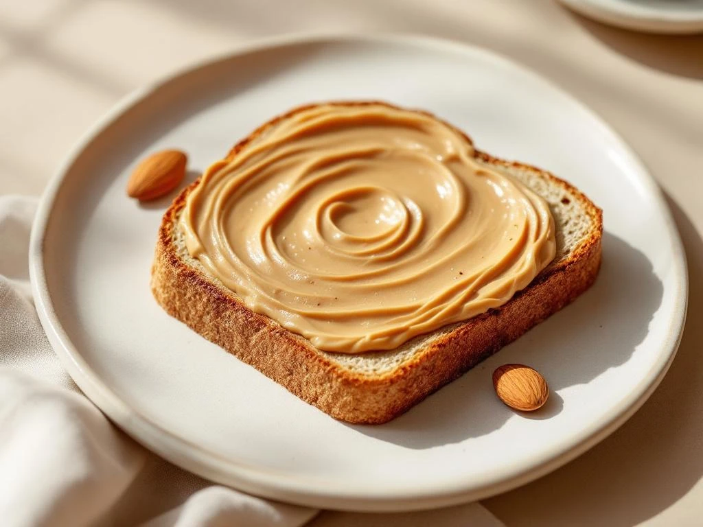 Sourdough spelt toast with creamy almond butter swirls on ceramic plate with natural lighting and minimal styling