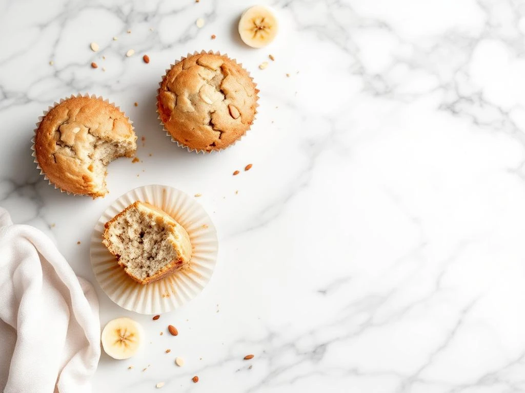 Three golden-brown almond flour banana muffins on white marble, one broken open showing moist texture with banana slices