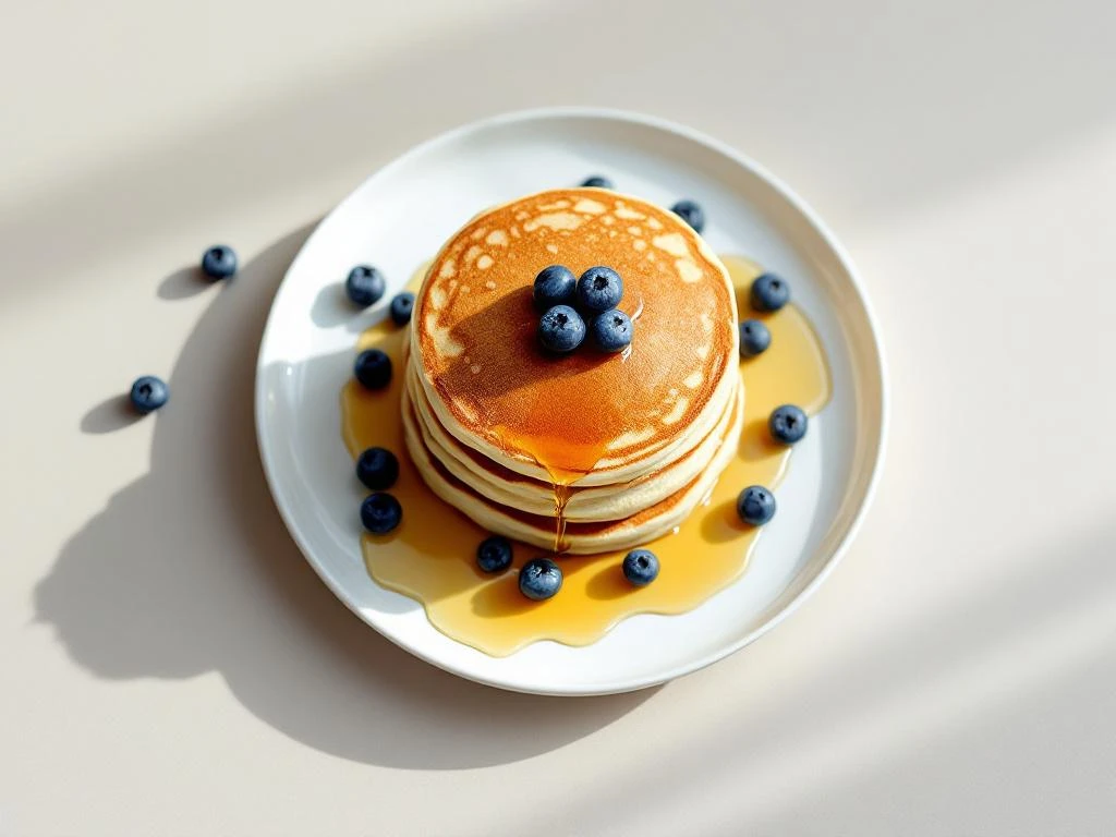 Stack of three golden almond flour blueberry pancakes with maple syrup and fresh berries on white plate
