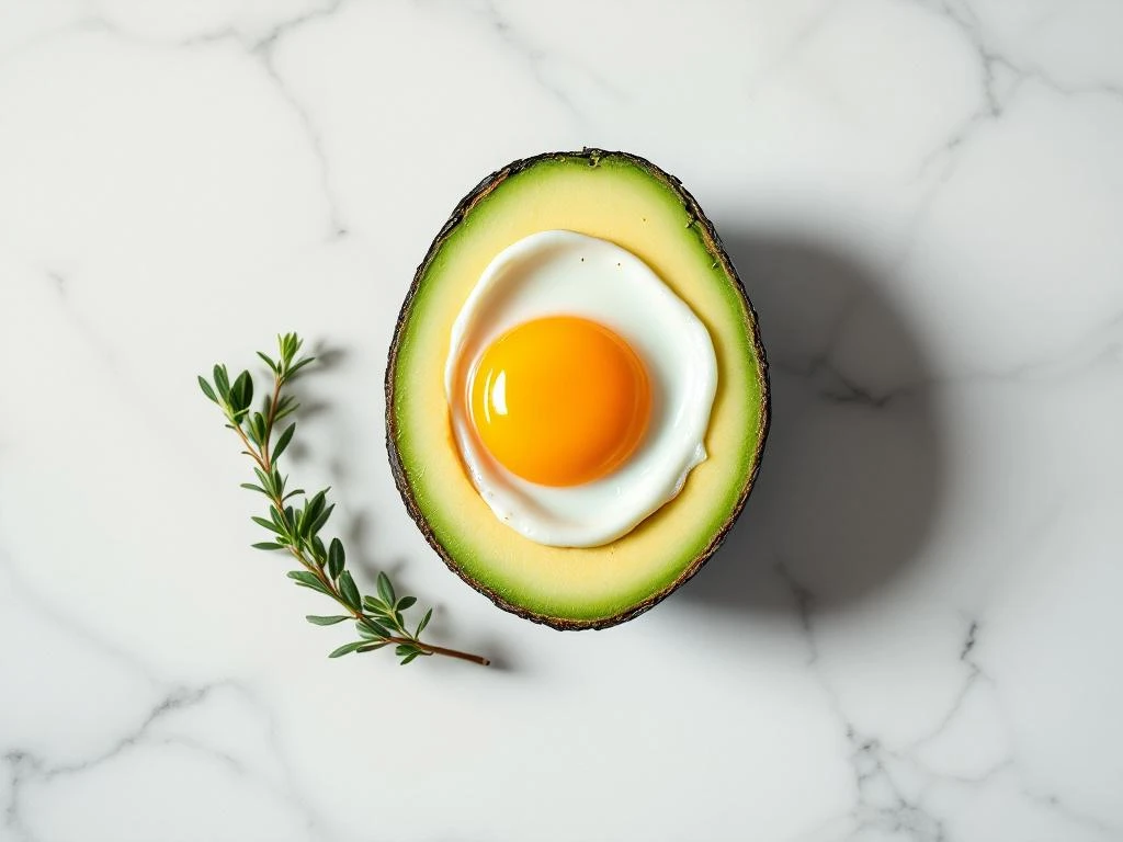 Baked egg in halved avocado on white marble surface with fresh herbs, overhead view showing golden yolk and green flesh