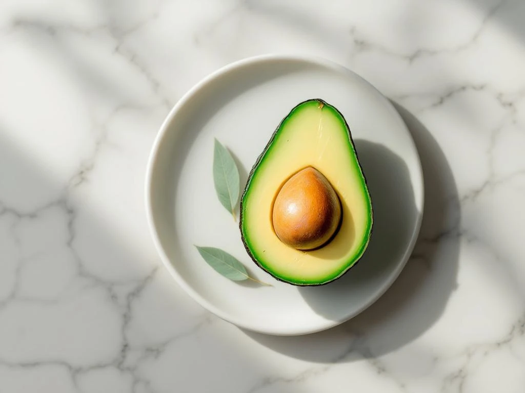 Halved avocado on white marble surface with pit visible, surrounded by sage green accents on circular plate