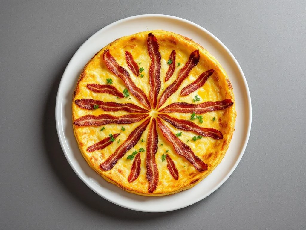 Golden breakfast frittata with bacon strips arranged in geometric pattern on white plate, overhead view