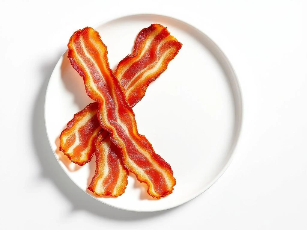 Crispy bacon strip on white plate with sage green accent, overhead view with natural lighting and minimal design