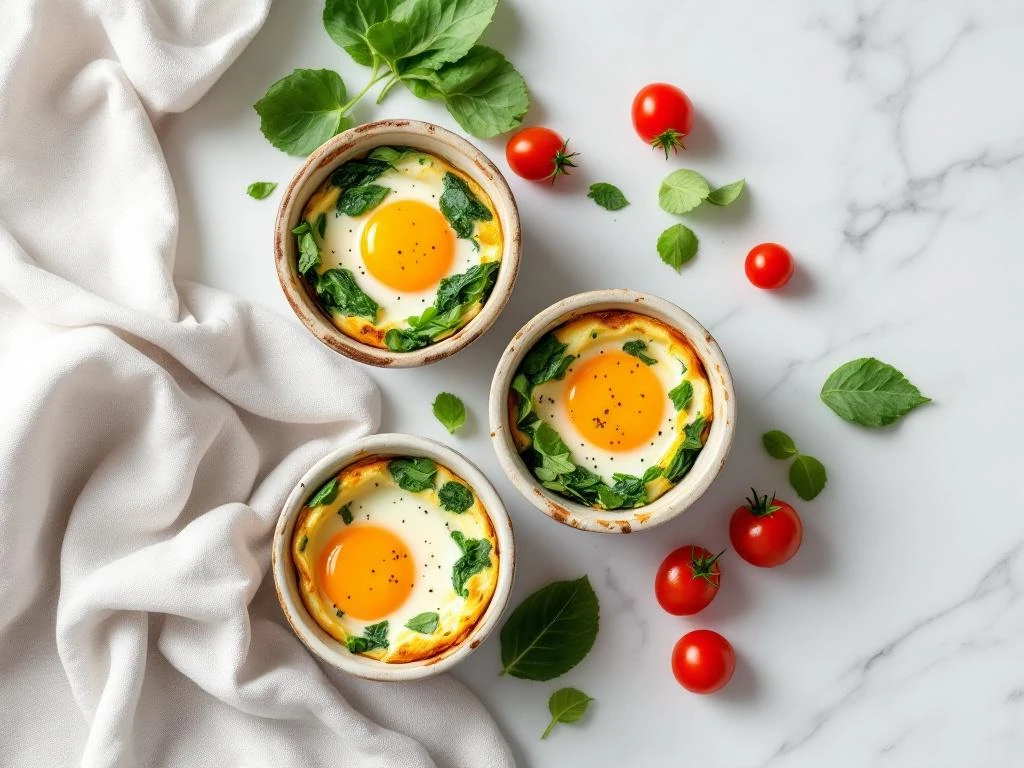 Three ceramic egg cups with baked eggs, spinach, and cherry tomatoes arranged on white marble surface from overhead