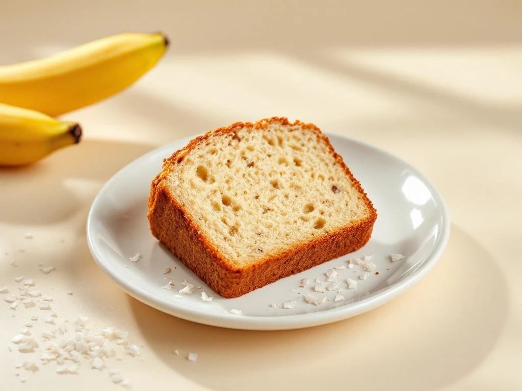 Slice of golden-brown banana coconut bread on white plate with fresh banana and coconut shavings beside it