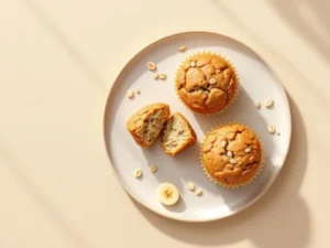 Three golden-brown banana oat muffins on ceramic plate, one broken open showing moist texture with scattered oats