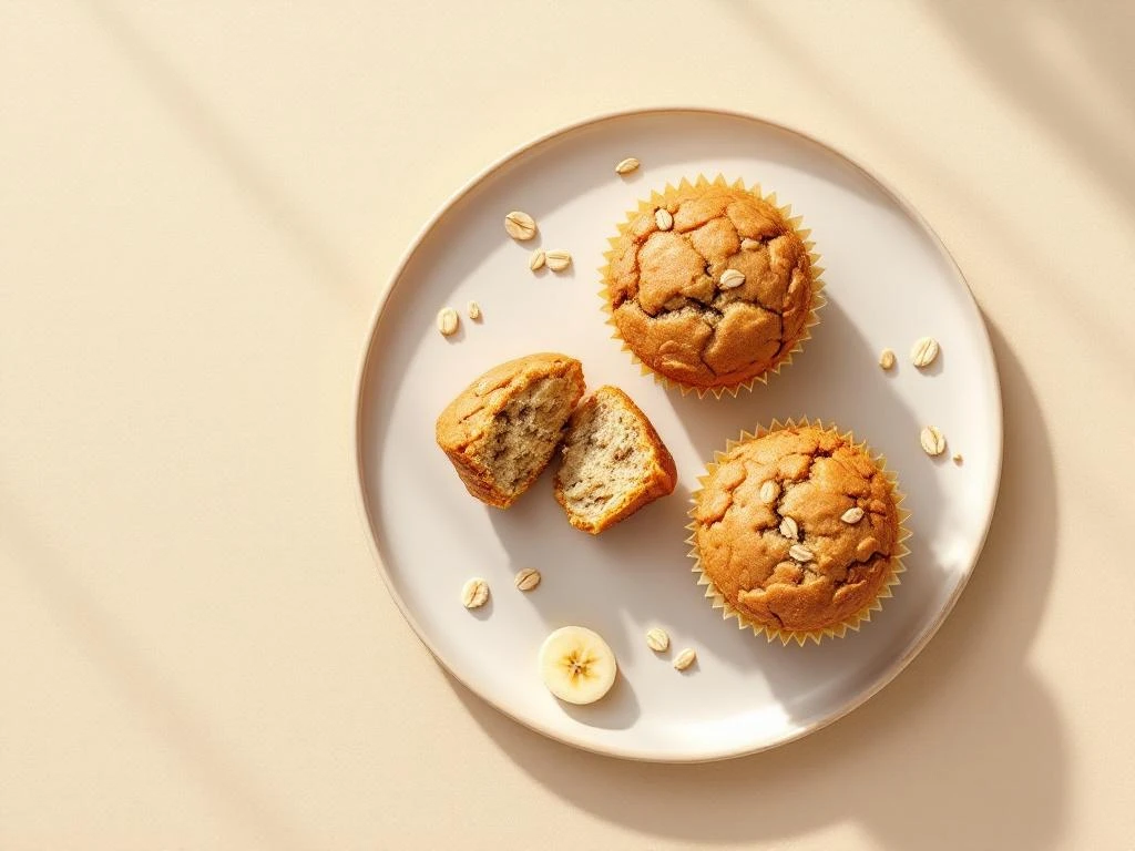 Three golden-brown banana oat muffins on ceramic plate, one broken open showing moist texture with scattered oats