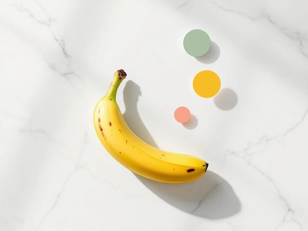 Yellow banana on white marble showing ripeness stages from green to brown spots with colored circles indicating FODMAP levels
