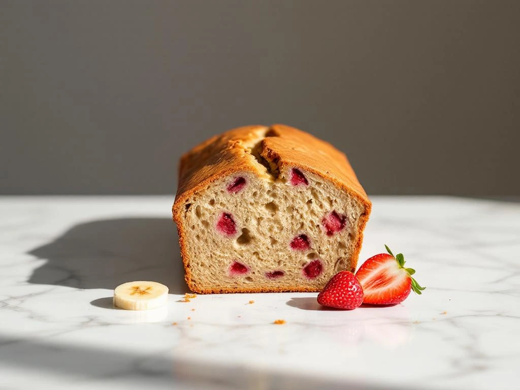 Golden-brown banana strawberry bread sliced on white marble with fresh strawberries, showing moist interior texture
