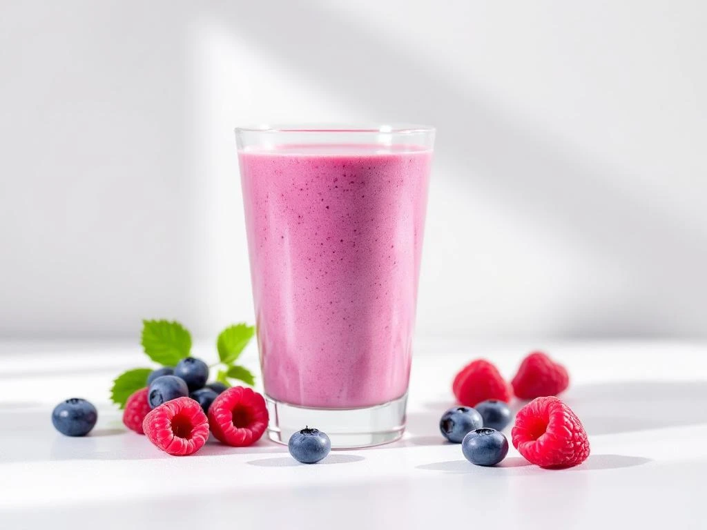 Berry smoothie in glass with fresh blueberries and raspberries on white background with natural lighting
