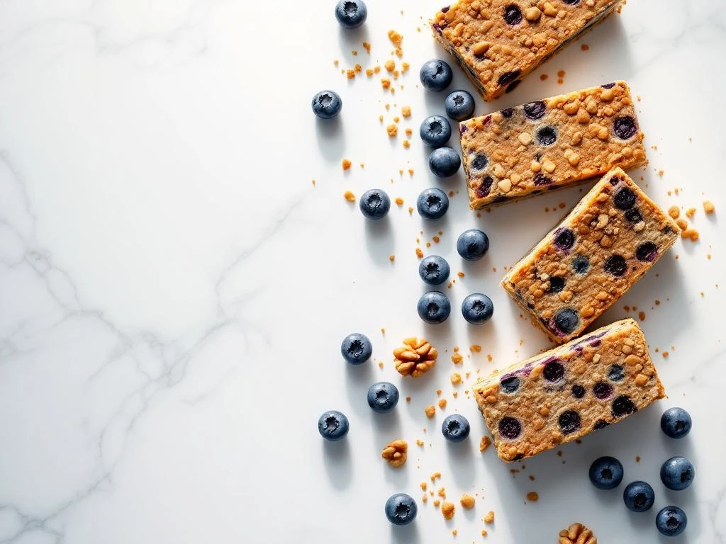 Golden-brown breakfast bars with blueberries and walnuts on white marble surface, one bar broken to show texture