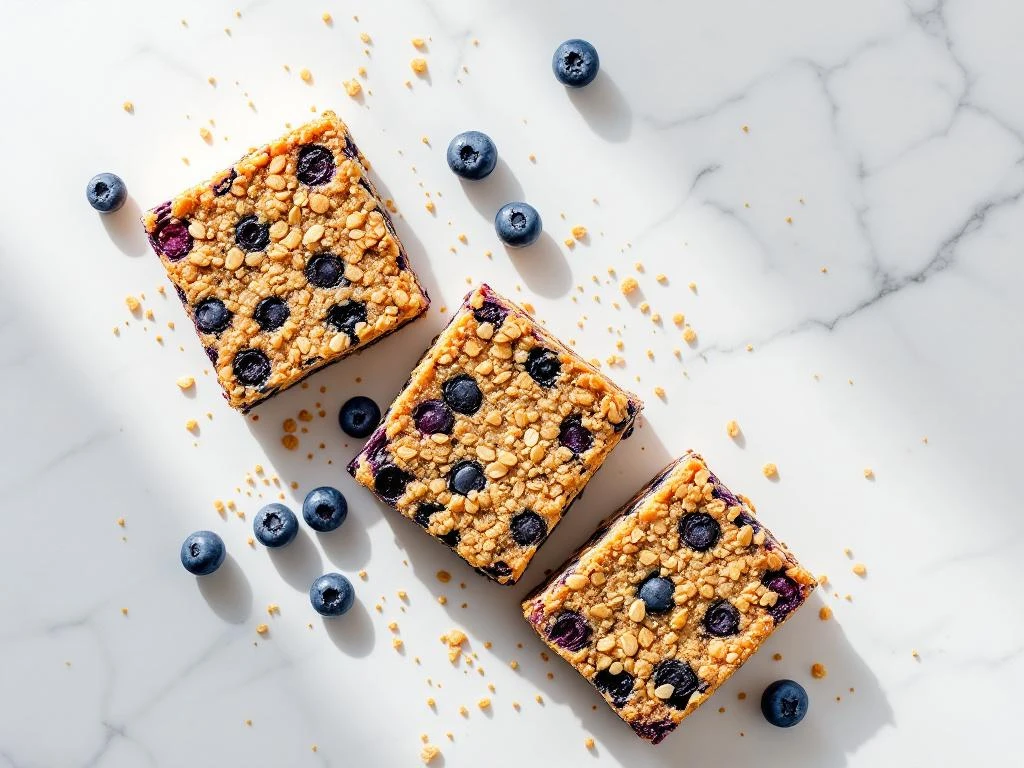 Three square blueberry quinoa breakfast bars arranged diagonally on white marble with fresh berries and quinoa grains