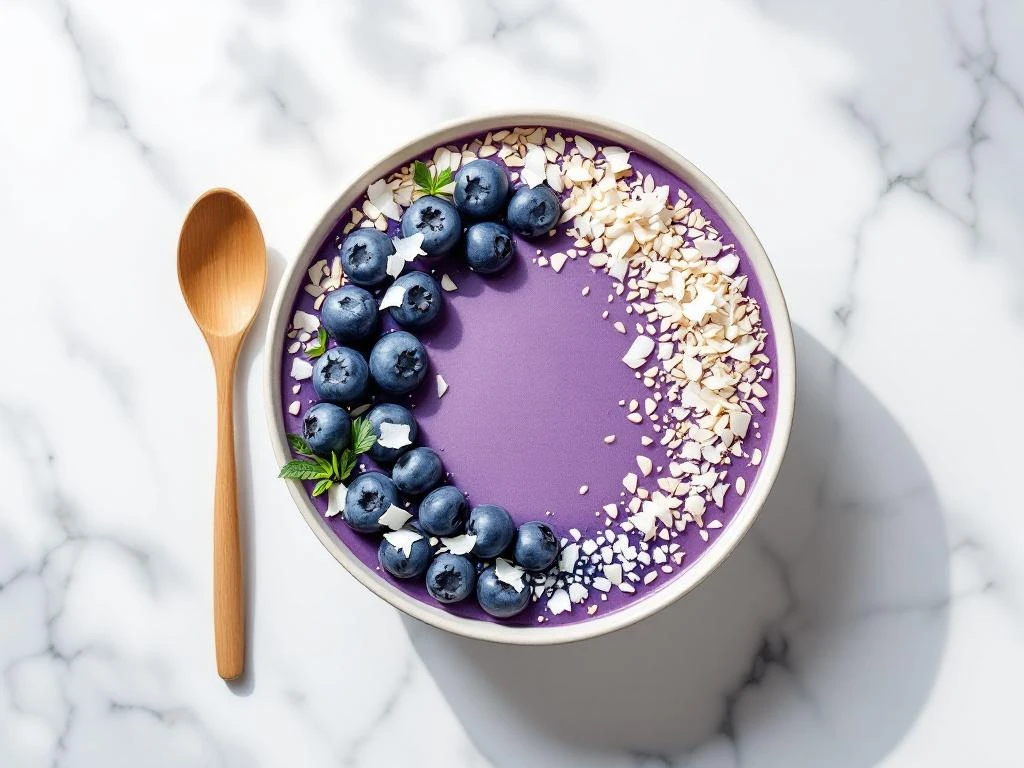 Blueberry smoothie bowl with fresh berries, coconut flakes, and hemp seeds on white marble surface