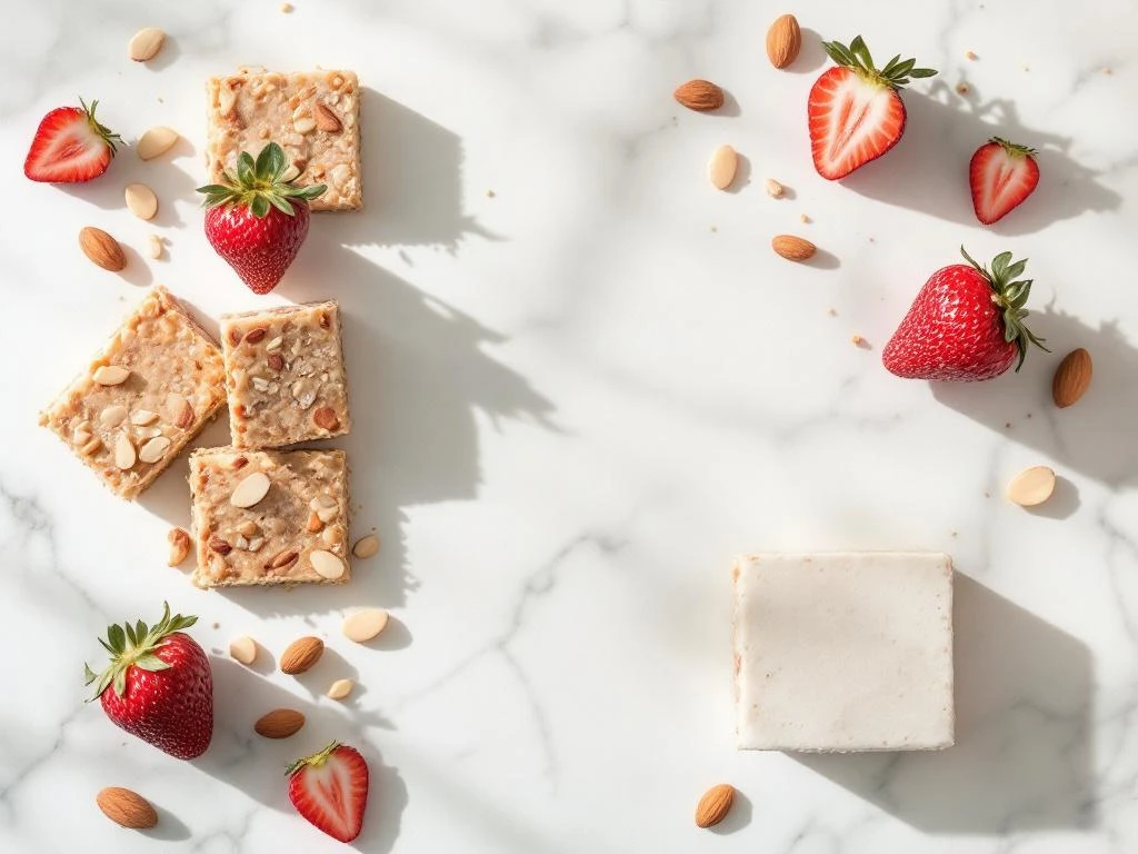Golden-brown breakfast bars arranged on white marble with fresh strawberries and almonds in natural light