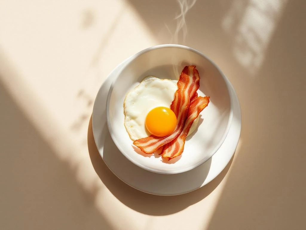 Sunny-side-up egg with bacon strips in white ceramic bowl, overhead view with natural lighting and minimalist styling