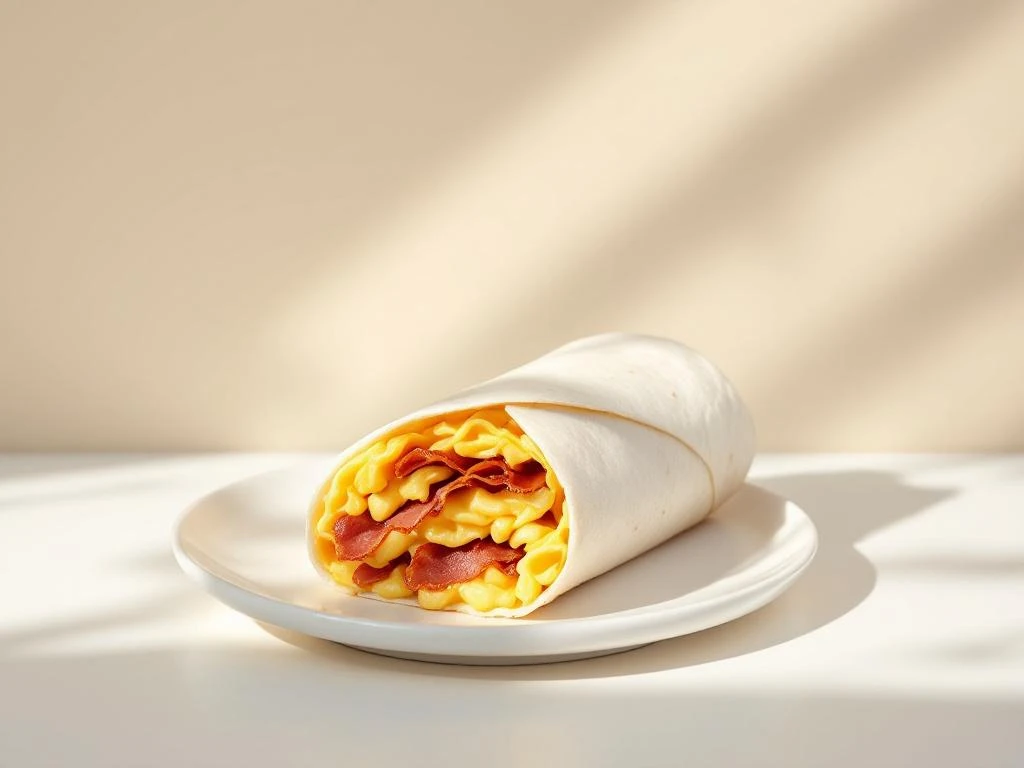 Breakfast burrito cut in half on white plate showing scrambled eggs and bacon filling with diagonal shadows