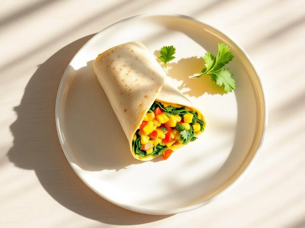 Breakfast burrito sliced on white plate revealing scrambled eggs, spinach, and bell peppers on wooden surface