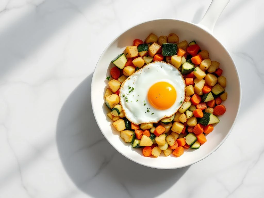 Breakfast hash with sunny-side-up egg, diced potatoes, zucchini, and carrots in white ceramic skillet on marble surface