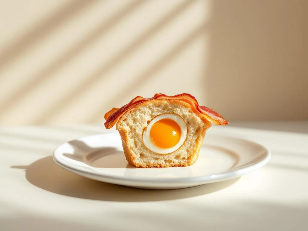 Breakfast muffin with bacon and egg cross-section showing yolk on white ceramic plate with minimal styling