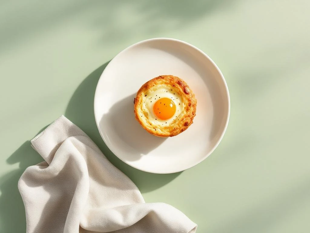 Golden-brown egg and cheese breakfast muffin on white plate with linen napkin against sage green background