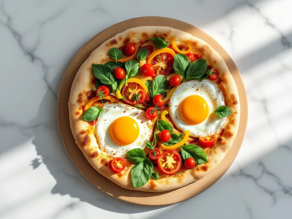 Breakfast pizza with sunny-side-up eggs, cherry tomatoes, spinach, and bell peppers on wooden board with marble background