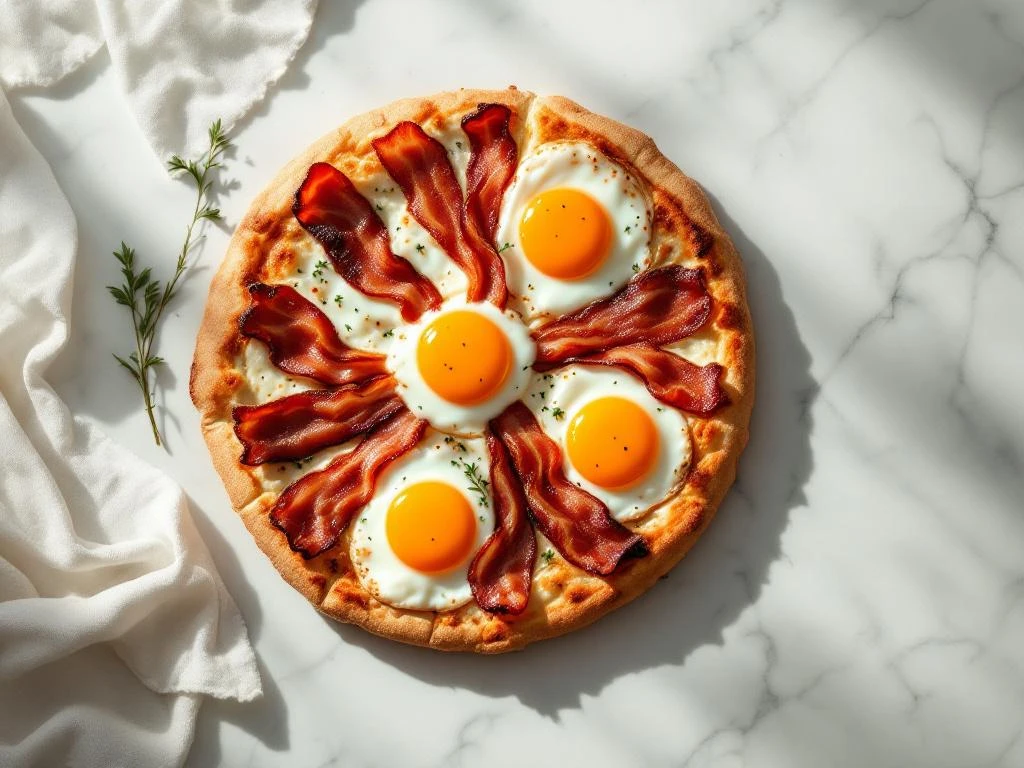 Breakfast pizza with sunny-side-up eggs, crispy bacon strips, and golden crust on white marble surface with natural lighting