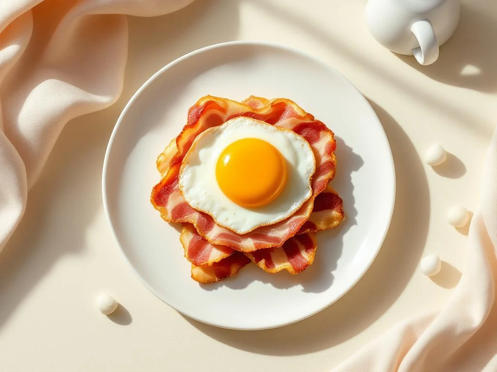 Fried egg stacked on crispy bacon strips on white plate, overhead view with warm morning light and minimalist styling