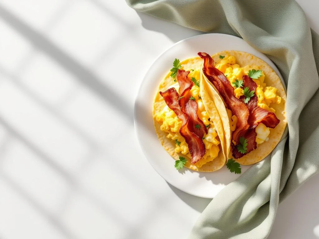 Breakfast taco with bacon and scrambled eggs in corn tortilla on white plate with sage green napkin