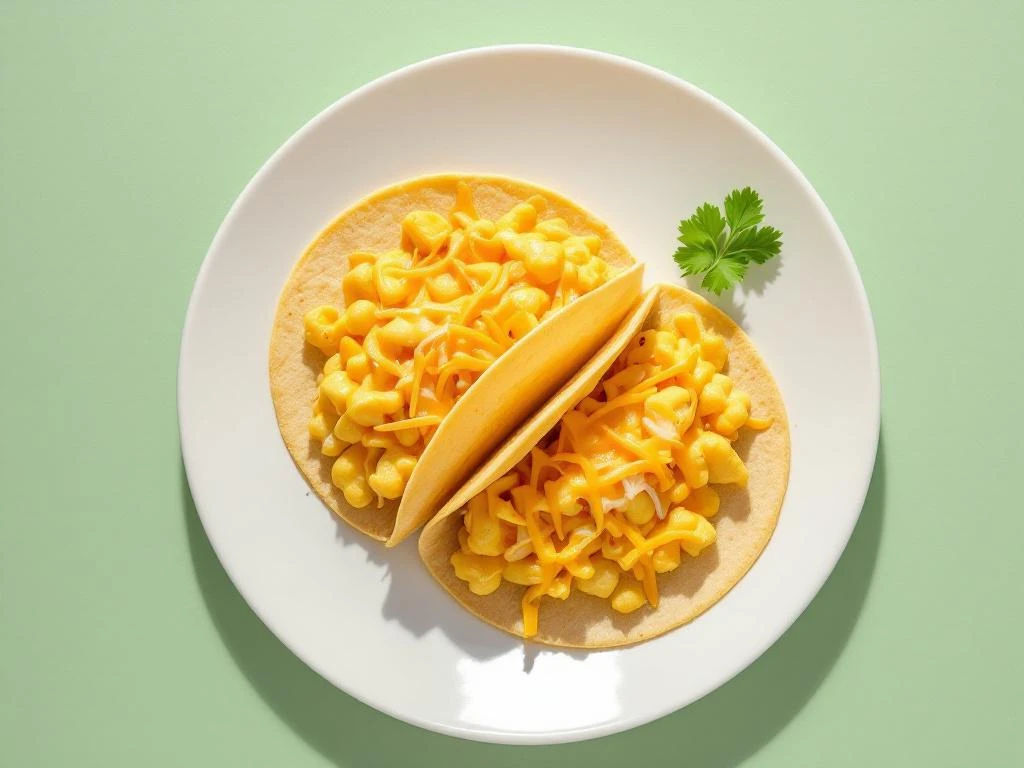 Two golden breakfast tacos with scrambled eggs and cheese on white plate against sage green background with cilantro garnish