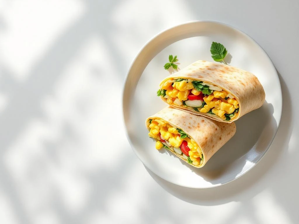 Breakfast wrap sliced diagonally on ceramic plate showing scrambled eggs and vegetables with herb garnish