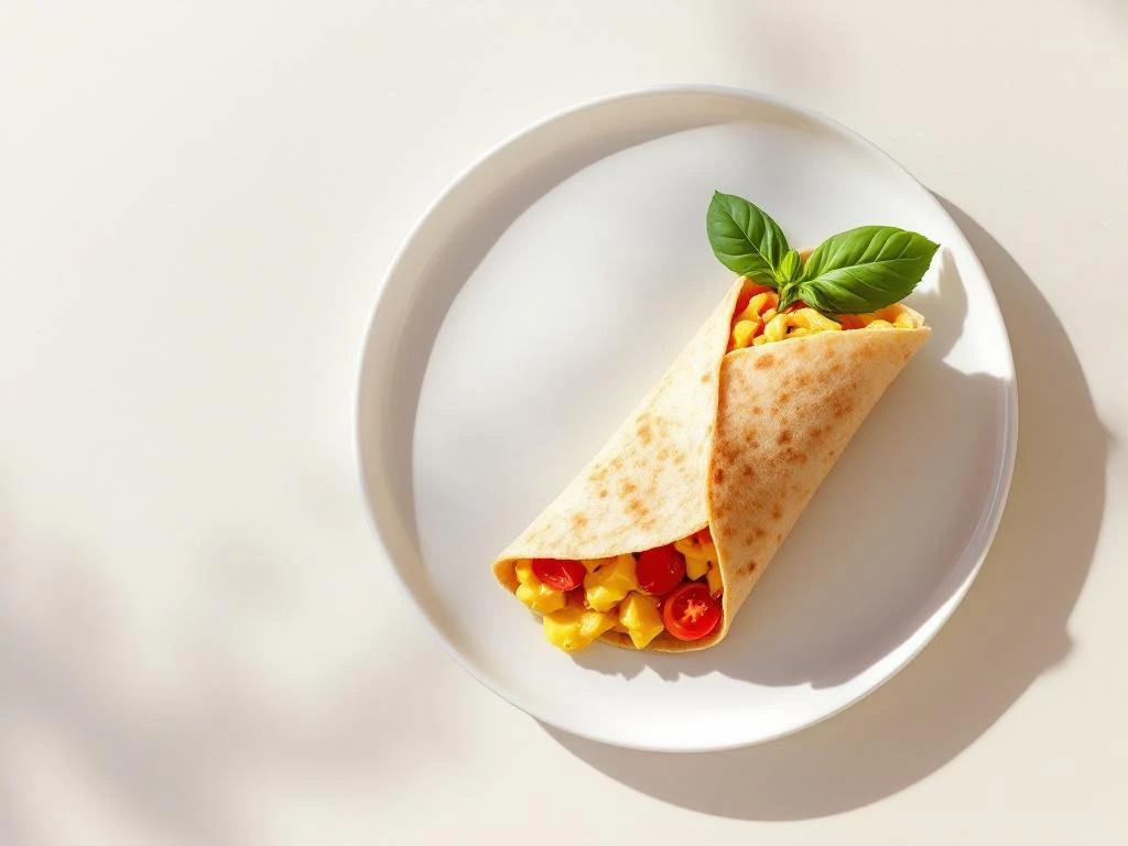 Breakfast wrap cut diagonally on white plate showing scrambled eggs and tomatoes with basil garnish