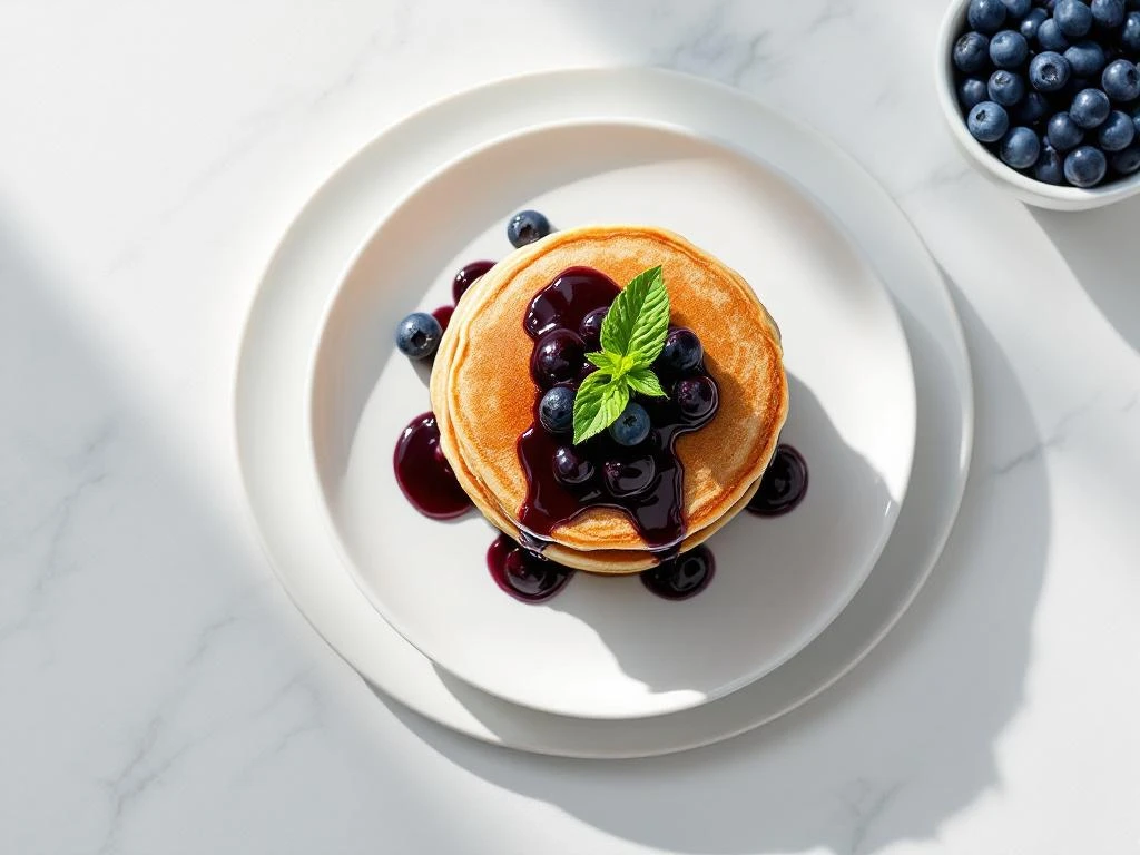 Stack of three golden buckwheat pancakes topped with blueberry compote on white plate, overhead view with fresh blueberry garnish