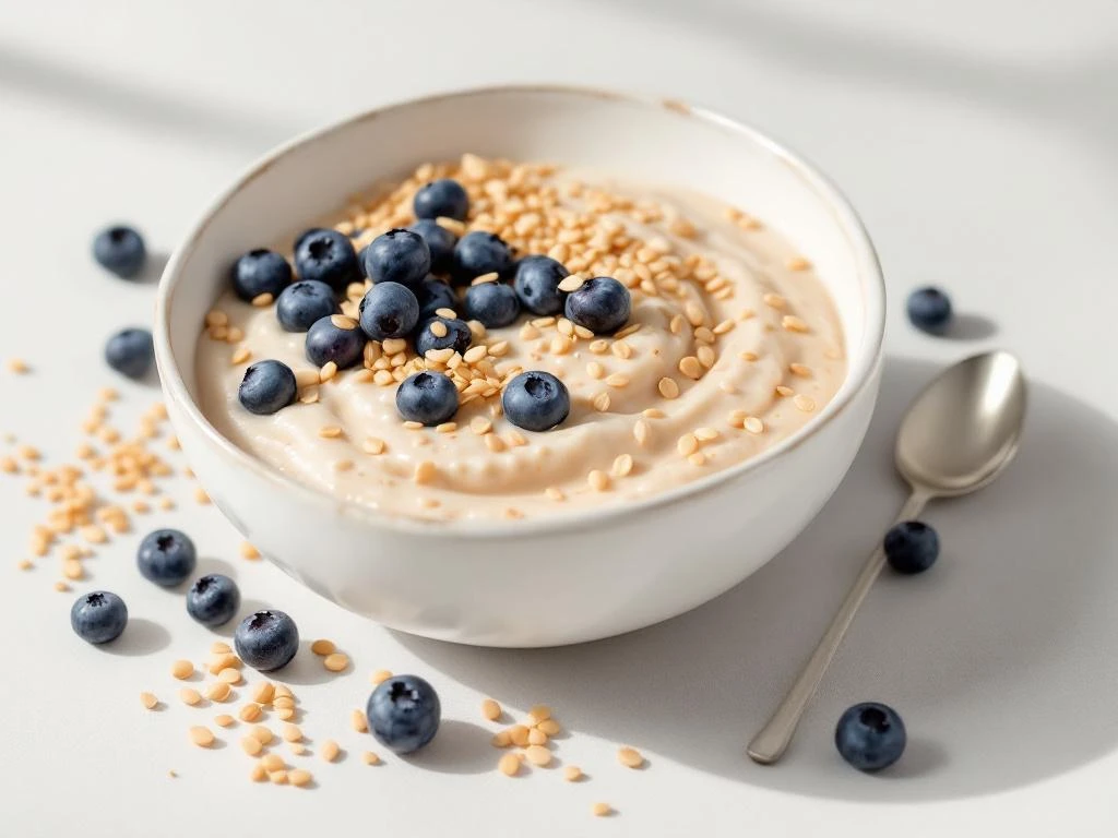Buckwheat porridge in white ceramic bowl topped with fresh blueberries on neutral background with natural lighting