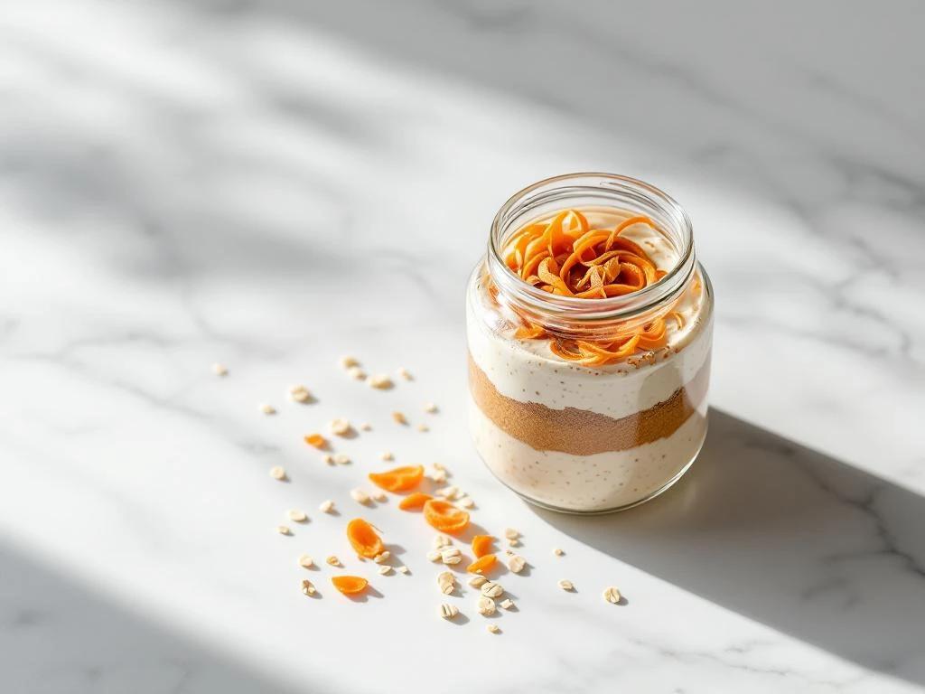 Glass jar of layered carrot cake overnight oats with grated carrots, cinnamon swirls, and fresh carrot top garnish on marble surface