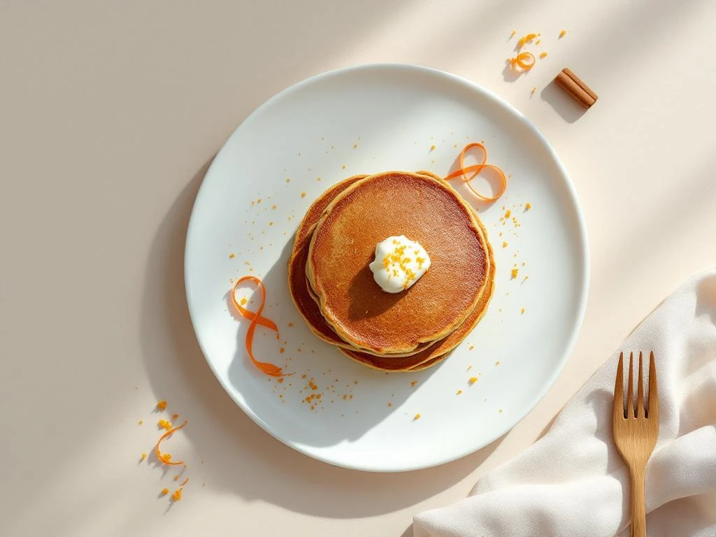Stack of golden-brown carrot cake pancakes with cream dollop on white plate, garnished with carrot ribbons and cinnamon stick