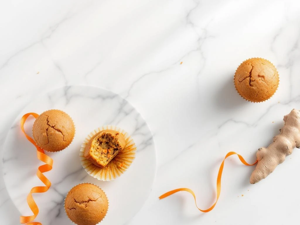 Golden-brown carrot ginger muffins on white marble, one broken open showing moist interior with carrot shreds