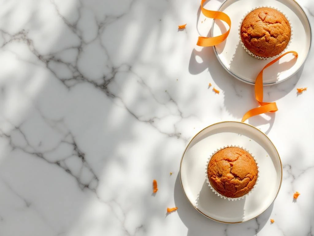 Three golden-brown carrot muffins on white marble with carrot ribbons and green leaf accent, natural lighting