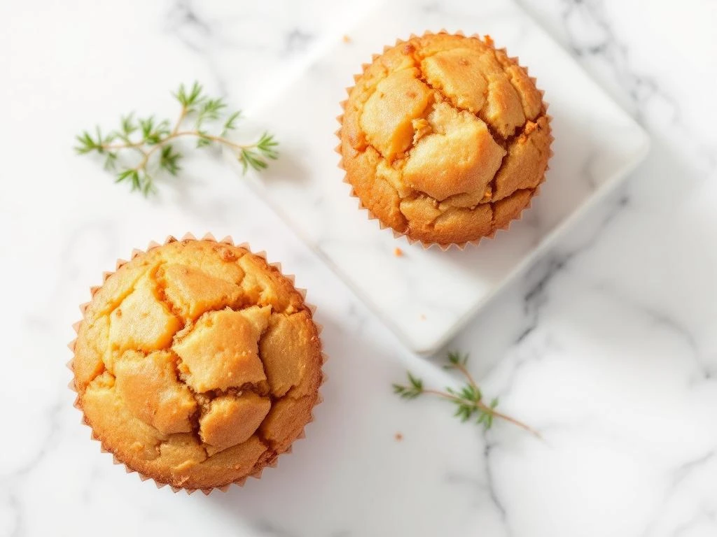 Three golden-brown carrot pineapple muffins arranged on white marble with pineapple leaf and carrot frond garnish