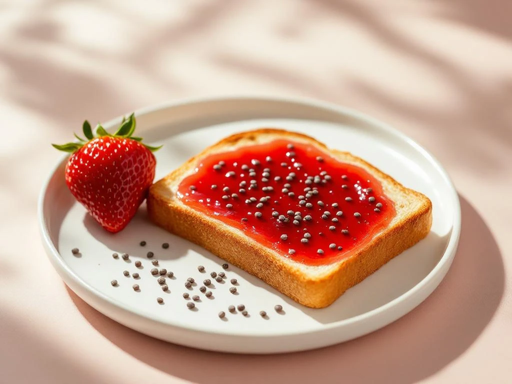 Artisan toast with strawberry chia seed jam on ceramic plate, fresh strawberry garnish, soft natural lighting
