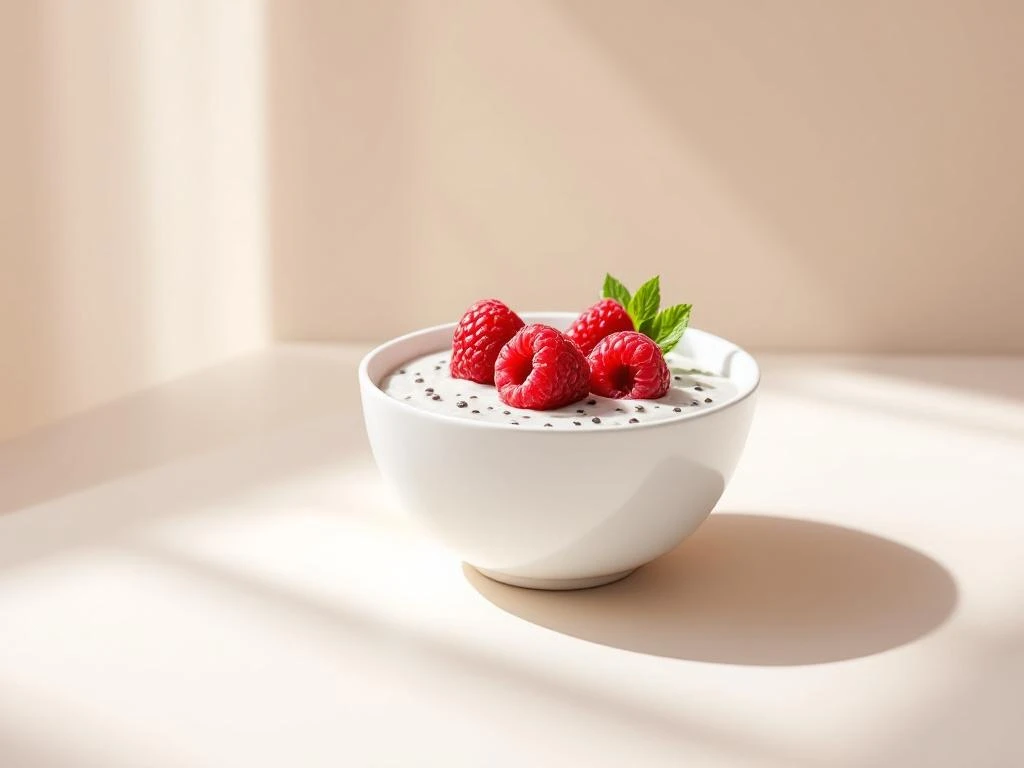 Chia seed pudding in white bowl topped with fresh raspberries and mint leaf on beige background