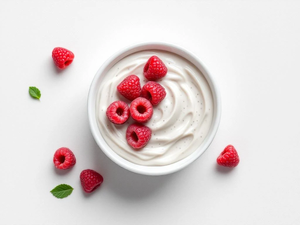 White ceramic bowl of chia pudding topped with fresh raspberries, photographed from above on neutral background