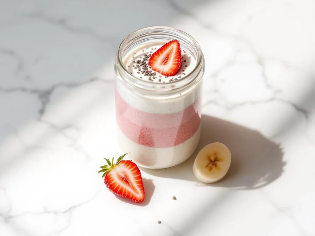 Layered chia pudding in glass jar with strawberry and banana, overhead view on white marble with fresh fruit garnish