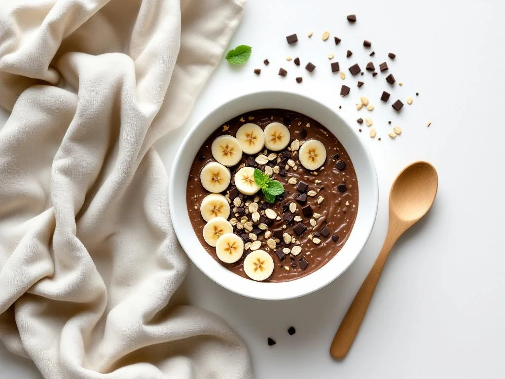 Overhead view of chocolate oatmeal bowl with geometric banana slices, chocolate shavings, and mint leaf on ivory background
