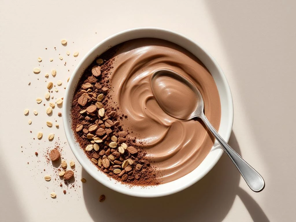 White ceramic bowl of chocolate oats with protein powder, oat flakes, and silver spoon on neutral surface