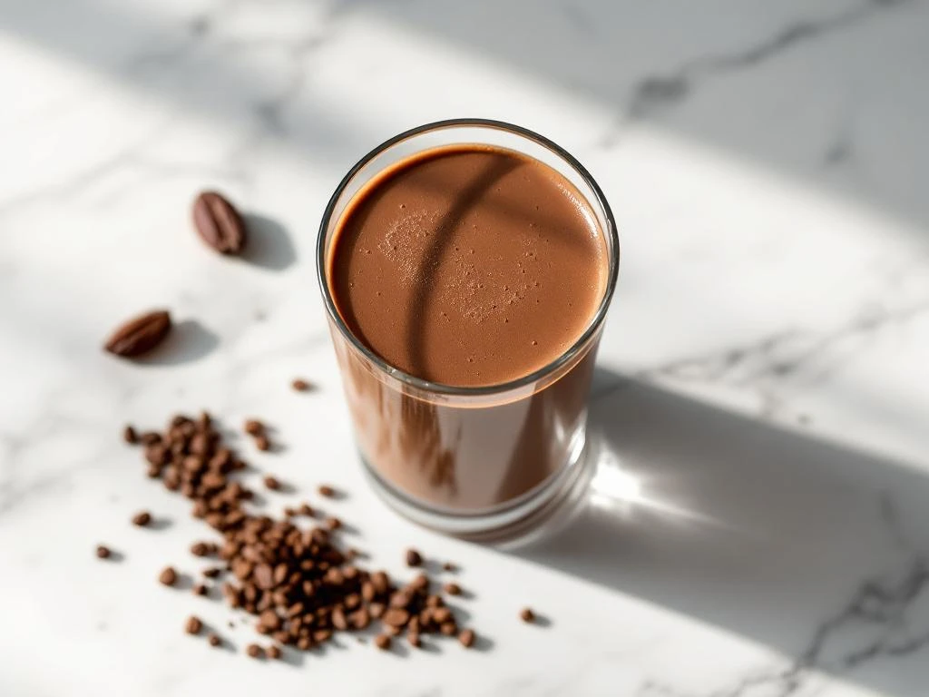 Chocolate protein shake in glass on white marble with cacao pod and nibs, overhead view with natural lighting