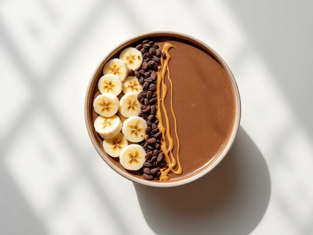 Chocolate smoothie bowl with geometric banana slices, cacao nibs, and peanut butter drizzle on white surface