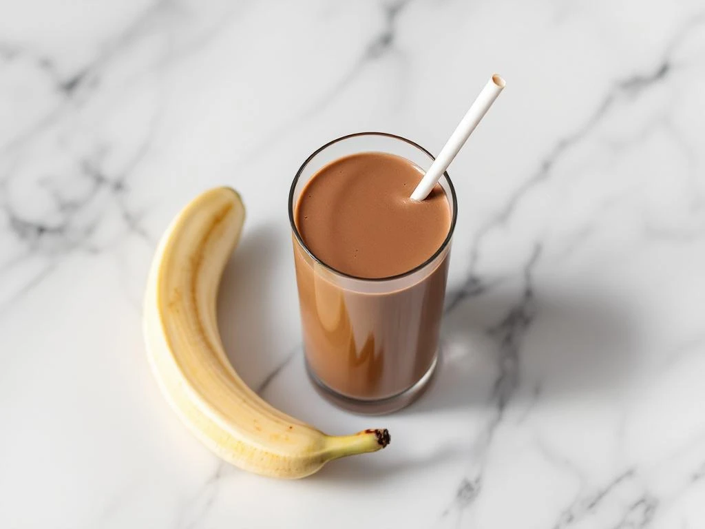 Chocolate smoothie in tall glass with halved banana on white marble surface, overhead view with natural lighting